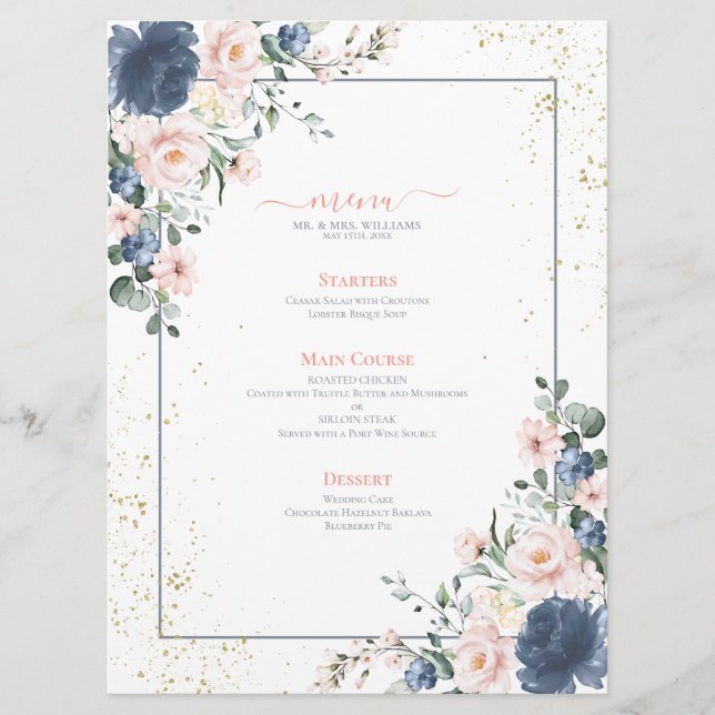 Light Dusty Blue Blush Pink Gold Floral Wedding Menu (Front)