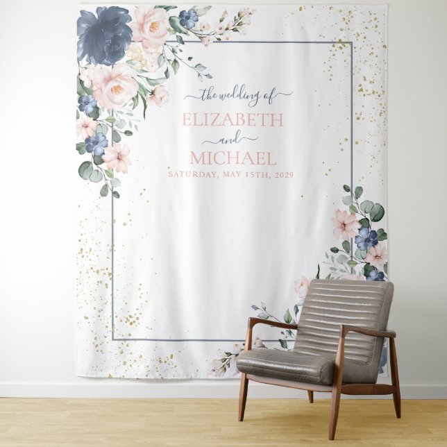 Light Dusty Blue Blush Pink Gold Floral Wedding Tapestry (In Situ)
