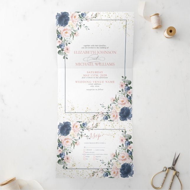 Light Dusty Blue Blush Pink Gold Floral Wedding Tr Tri-Fold Invitation (Inside)