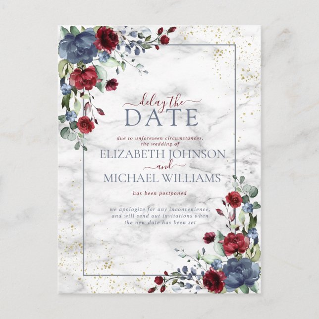 Light Dusty Blue Burgundy Floral Delay The Date Announcement Postcard (Front)