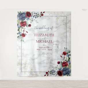 Light Dusty Blue Burgundy Floral Gold Wedding Tapestry