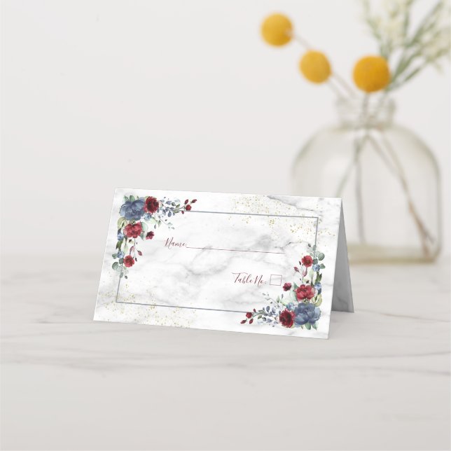 Light Dusty Blue Burgundy Floral Place Card (Front)