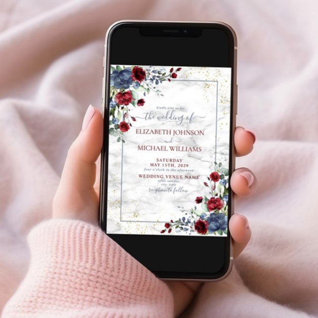 Light Dusty Blue Burgundy Floral Postcard Wedding (Creator Uploaded)