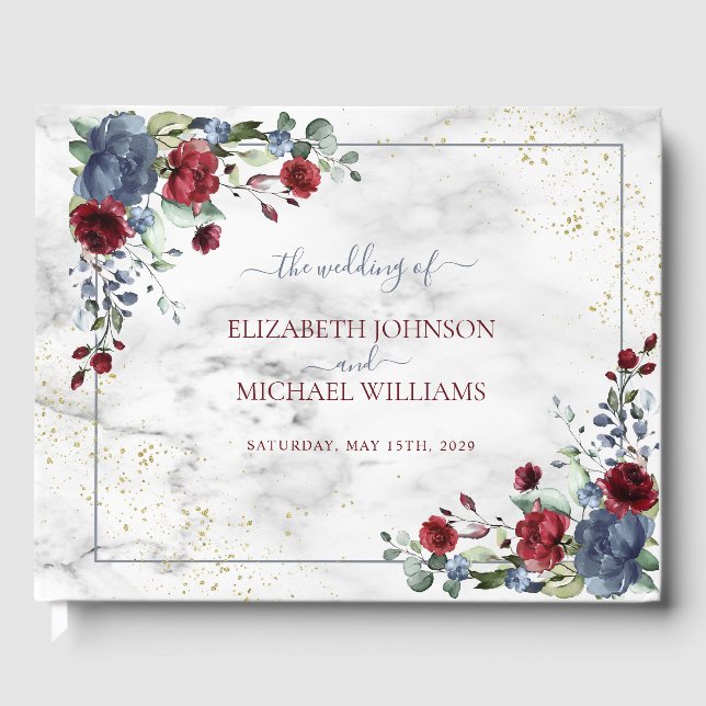 Light Dusty Blue Burgundy Floral Postcard Wedding Guest Book (Front)