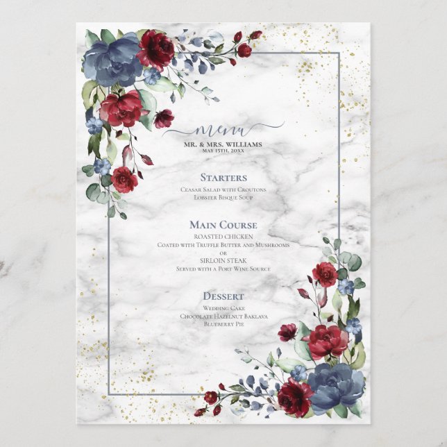 Light Dusty Blue Burgundy Floral Wedding Menu (Front)