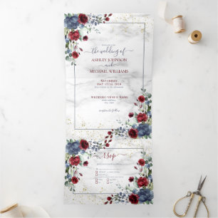 Light Dusty Blue Burgundy Floral Wedding Tri-Fold Invitation