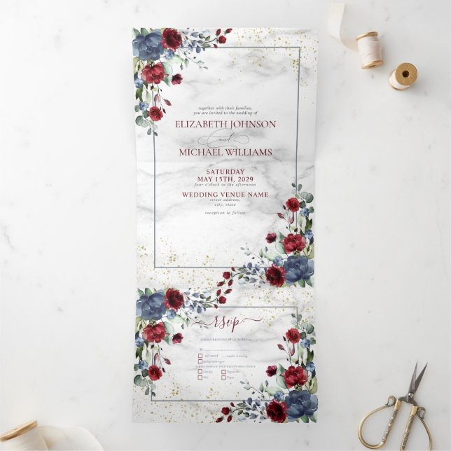 Light Dusty Blue Burgundy Floral Wedding Tri-Fold  Invitation (Inside)