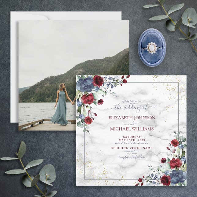 Light Dusty Blue Burgundy Gold Floral Photo Square Invitation (Creator Uploaded)