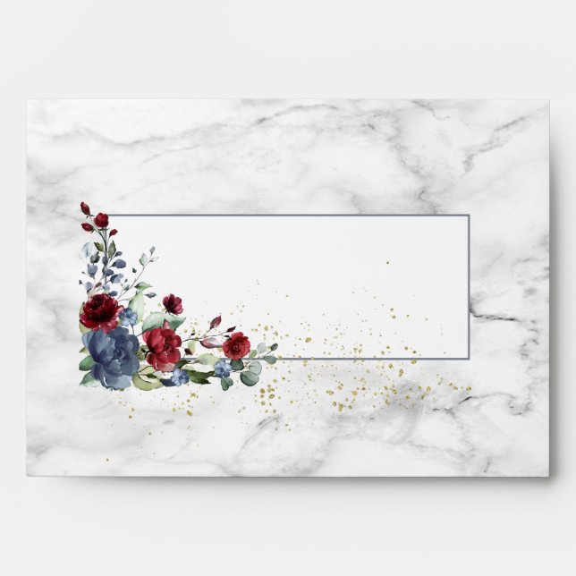 Light Dusty Blue Burgundy Gold Floral Wedding Envelope (Front)