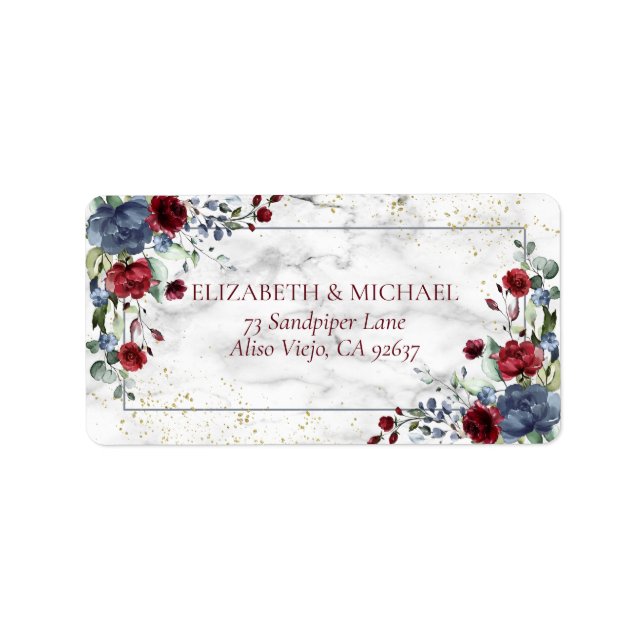 Light Dusty Blue Burgundy Gold Wedding Address Label (Front)