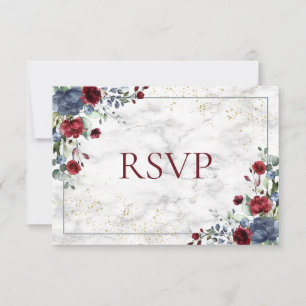 Light Dusty Blue Burgundy Gold Wedding RSVP Card