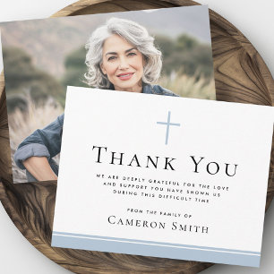 Light dusty blue cross funeral sympathy photo thank you card