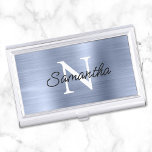 Light Dusty Blue Faux Metallic Foil Monogram Business Card Holder<br><div class="desc">Create your own black and white monogrammed modern minimalist business card case.
Modern monoline style script for her name over a more classic style monogram font.
The background features a faux light and dusty blue brushed metal style ombre foil that prints like a photo.</div>