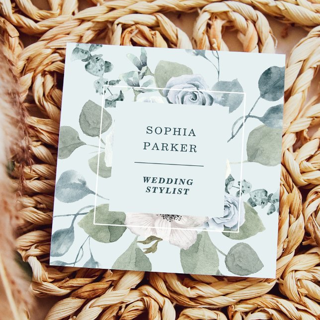 Light Dusty Blue Floral and Eucalyptus Square Business Card (Creator Uploaded)