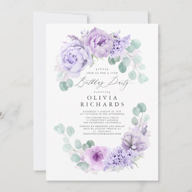 Light Dusty Purple Flowers Birthday Party Invitation (Front)
