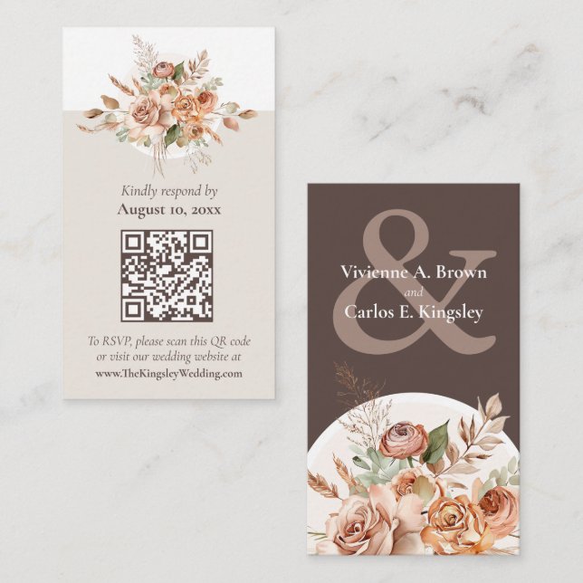 Light Earth Tone Floral Boho Wedding RSVP QR Card (Front/Back)