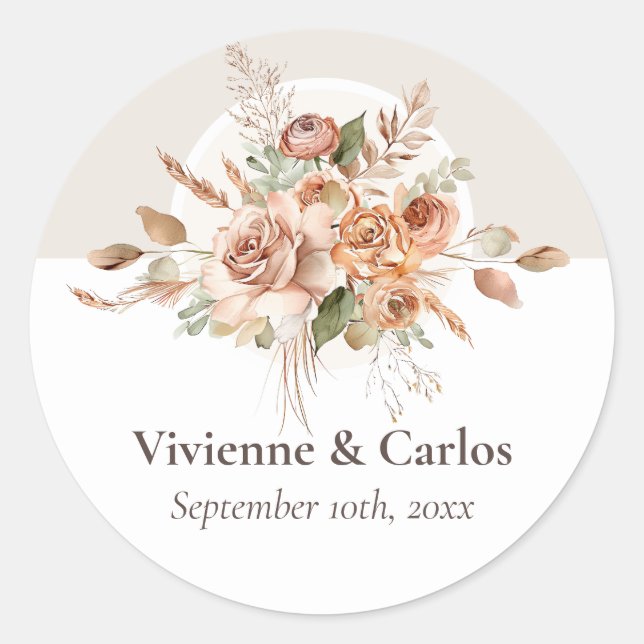 Light Earth Tone Floral Rustic Boho Wedding Classic Round Sticker (Front)
