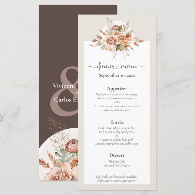Light Earth Tone Floral Rustic Boho Wedding Menu (Front/Back)
