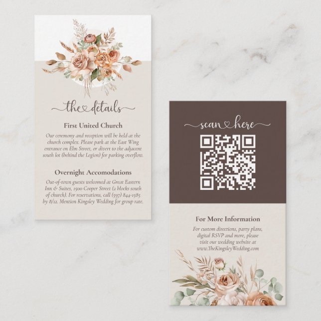 Light Earth Tone Floral Wedding Details Info Card (Front/Back)