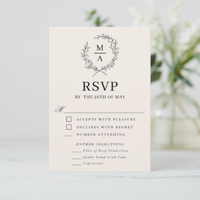 Light Ecru Simple Elegant Monogram RSVP and Meal Card (Standing Front)