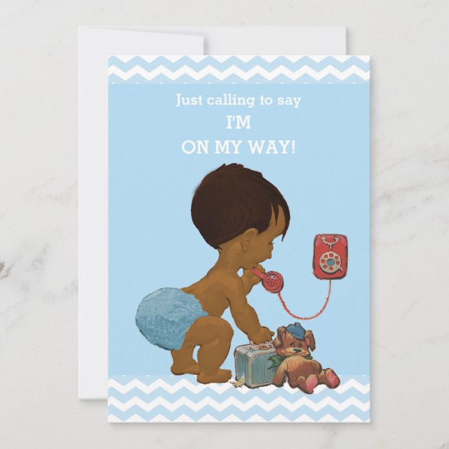 Light Ethnic Boy on Phone Baby Shower Chevrons Invitation (Front)
