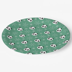 Light Evergreen - Cute Pandas with Snowflakes Paper Plate