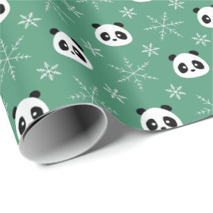 Light Evergreen - Cute Pandas with Snowflakes Wrapping Paper
