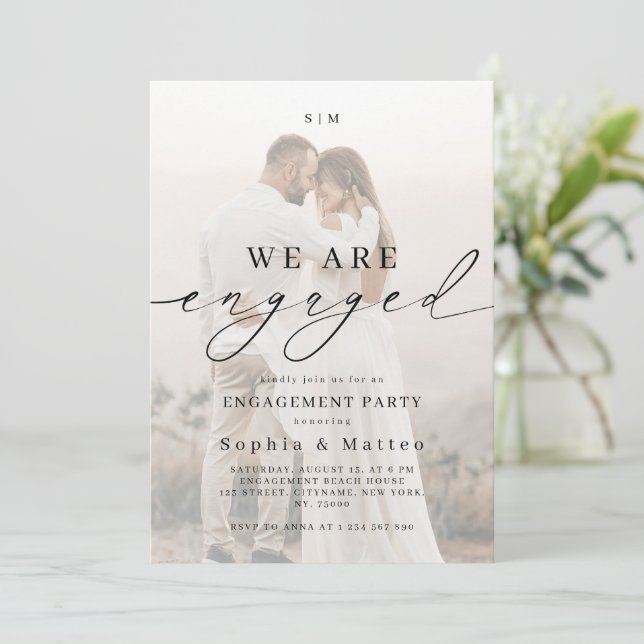 Light Faded Fading Photo Monogram Engagement Party Invitation (Standing Front)