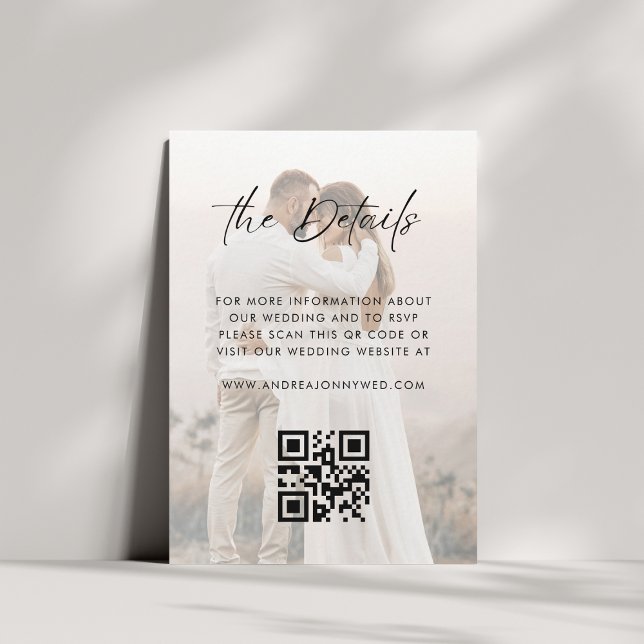 Light Faded Photo QR Code Simple Wedding Details Enclosure Card (Creator Uploaded)
