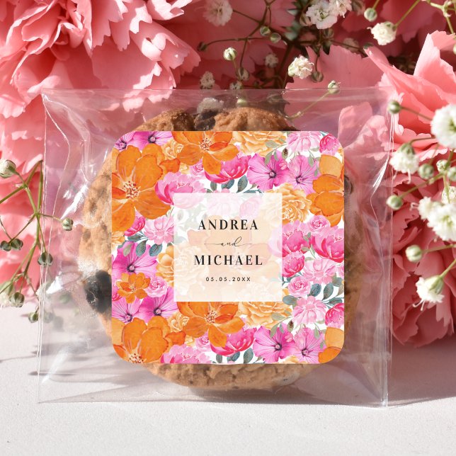 Light Faded Pink and Orange Floral Bright Wedding Square Sticker (Creator Uploaded)