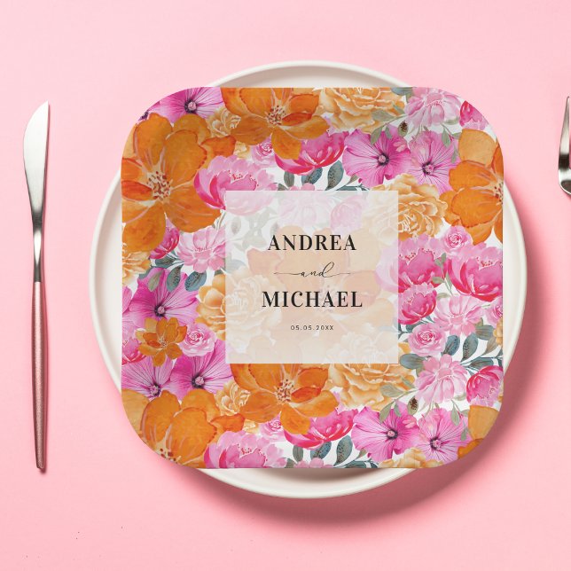Light Faded Pink and Orange Floral Fresh Wedding Paper Plate (Creator Uploaded)