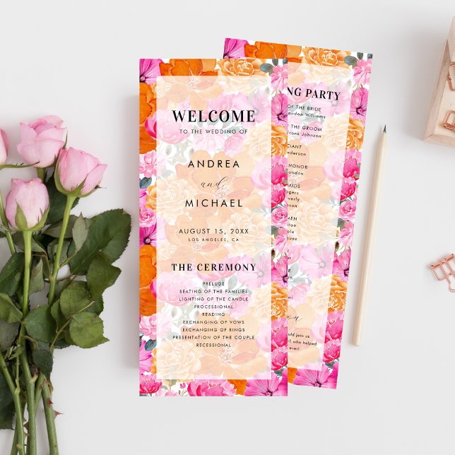 Light Faded Pink Orange Fresh Floral Bloom Wedding Programme (Creator Uploaded)