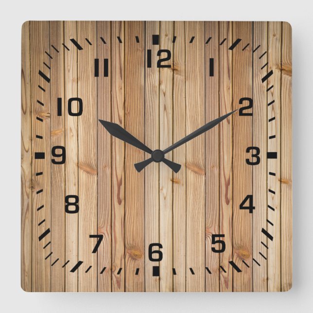 Light Faux Wood Panelling Square Wall Clock (Front)
