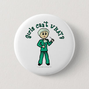 Light Female Surgeon in Green Scrubs 6 Cm Round Badge