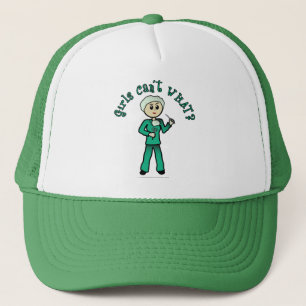 Light Female Surgeon in Green Scrubs Trucker Hat