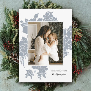 Light Floral Cutout   Dusty Blue Photo Christmas   Holiday Card