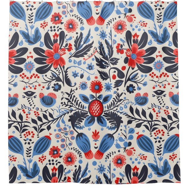Light folk art floral shower curtain (Front)