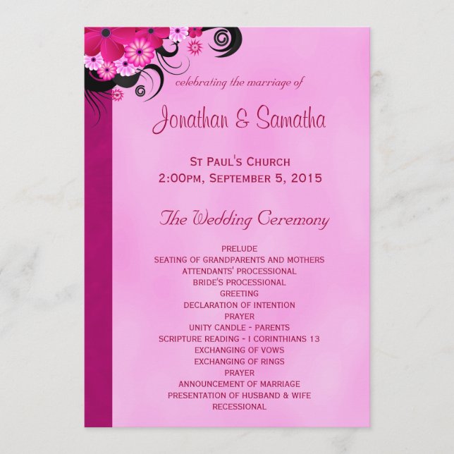 Light Fuchsia Floral Flat Wedding Program Template (Front)