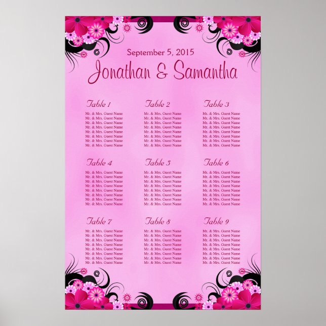Light Fuchsia Floral Wedding 9 Table Seating Chart (Front)