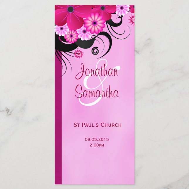 Light Fuchsia Floral Wedding Program Template Card (Front)