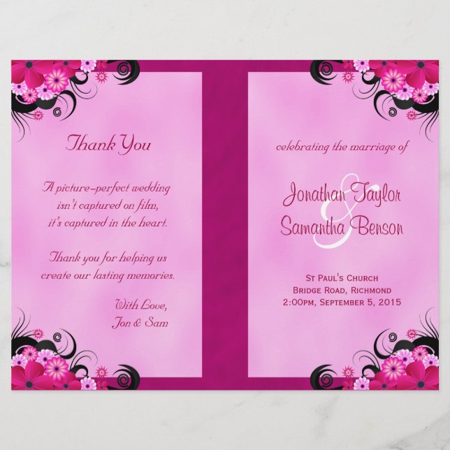 Light Fuchsia Floral Wedding Program Templates (Front)