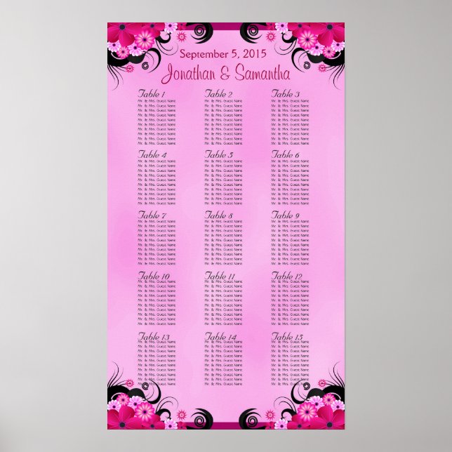 Light Fuschia 15 Wedding Table Seating Charts (Front)
