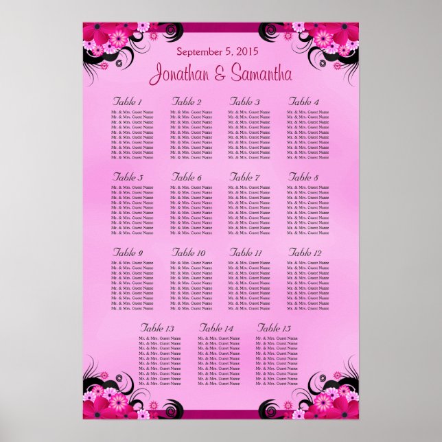 Light Fuschia Wedding 15 Table Seating Charts (Front)