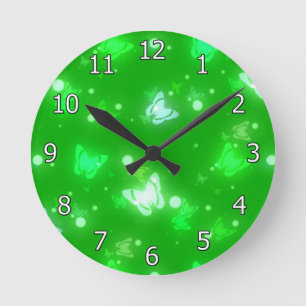 Light Glow Butterflies Bright Green Design Round Clock