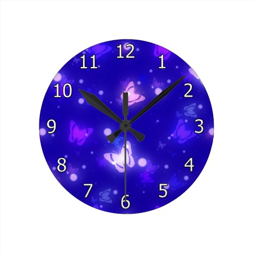 Image of Light Glow Butterflies Dark Blue Design Round Clock