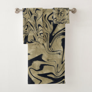 Light Gold & Black Elegant Glam Marble Swirl Bath Towel Set