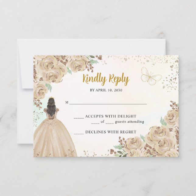Light Gold Copper Floral Princess Quinceañera RSVP Card (Front)