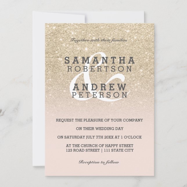 light gold faux glitter pink ombre wedding custom invitation (Front)