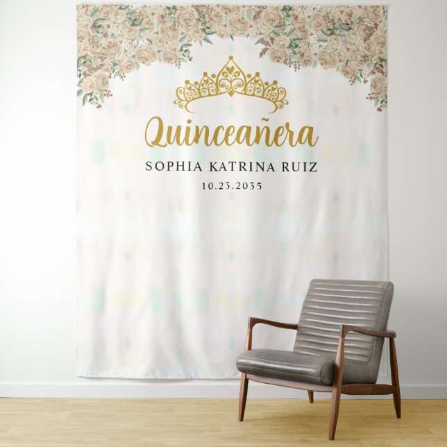 Light Gold Floral Tiara Quinceanera Photo Backdrop Tapestry (In Situ)