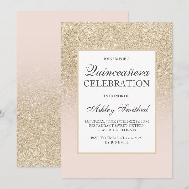 Light gold girly glitter elegant chic Quinceañera Invitation (Front/Back)